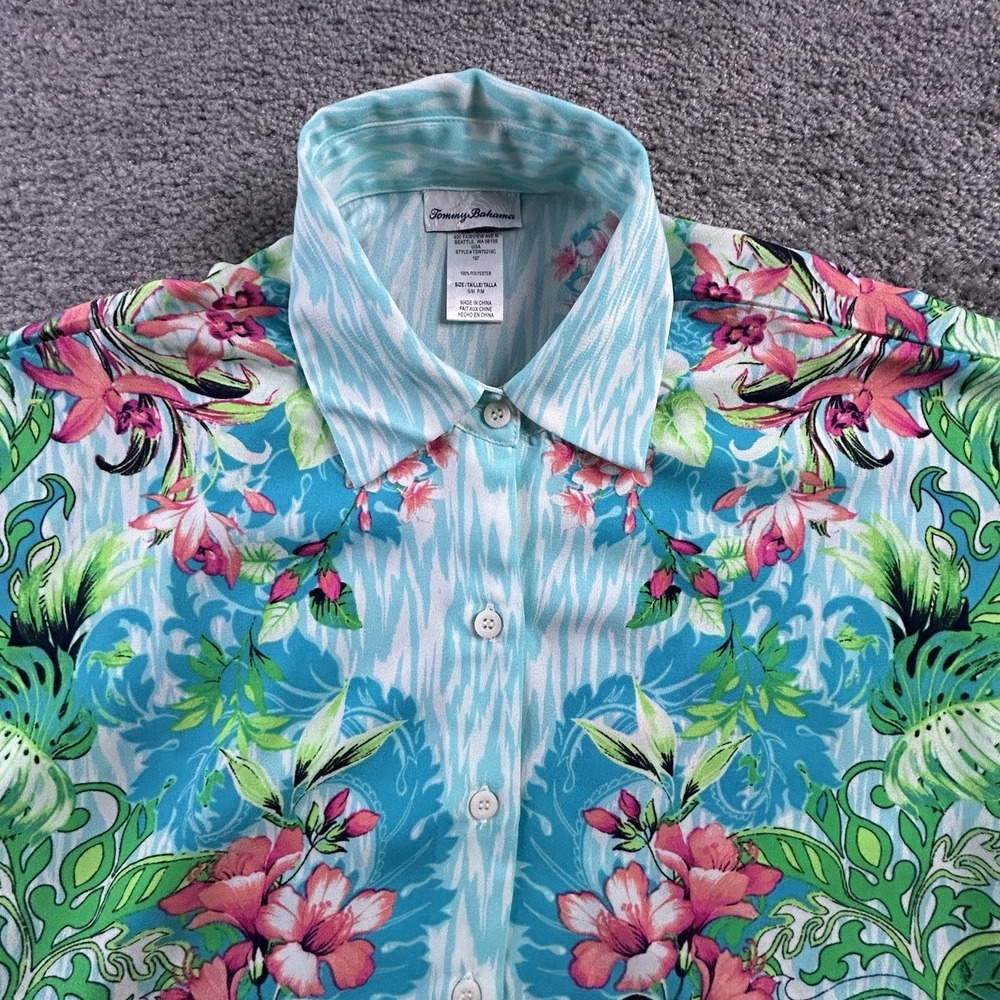 Tommy Bahama Womens Tropical Floral Button Front Cover Up Shirt Blue Pink S/M